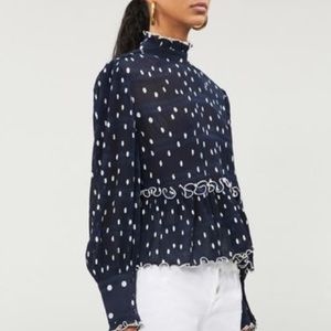 GANNI Lowell Polka Dot Pleated Long Sleeve Blouse - 38